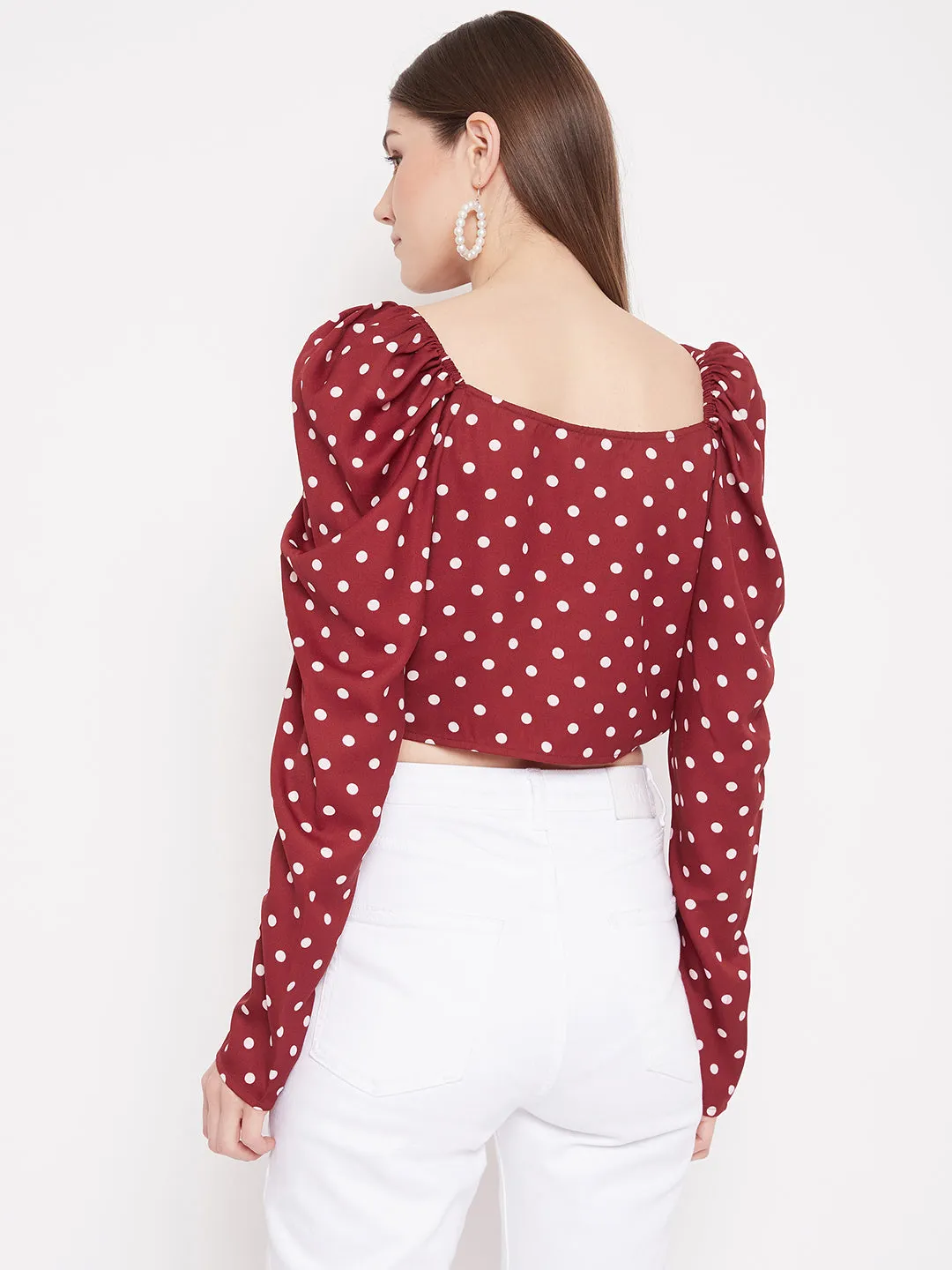 Berrylush Women Red Puff Sleeve Wrap Polka-Dot Crop Top