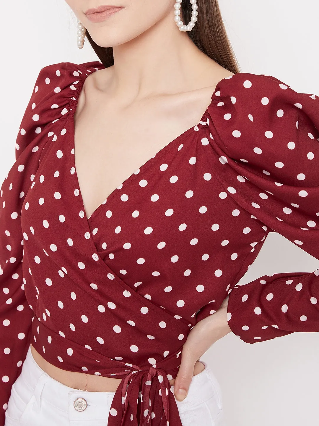 Berrylush Women Red Puff Sleeve Wrap Polka-Dot Crop Top