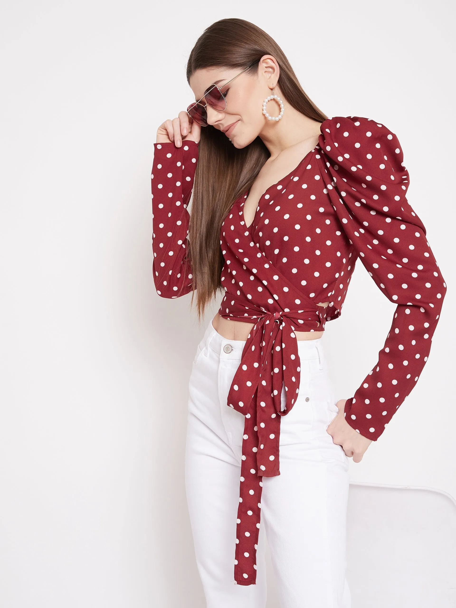 Berrylush Women Red Puff Sleeve Wrap Polka-Dot Crop Top