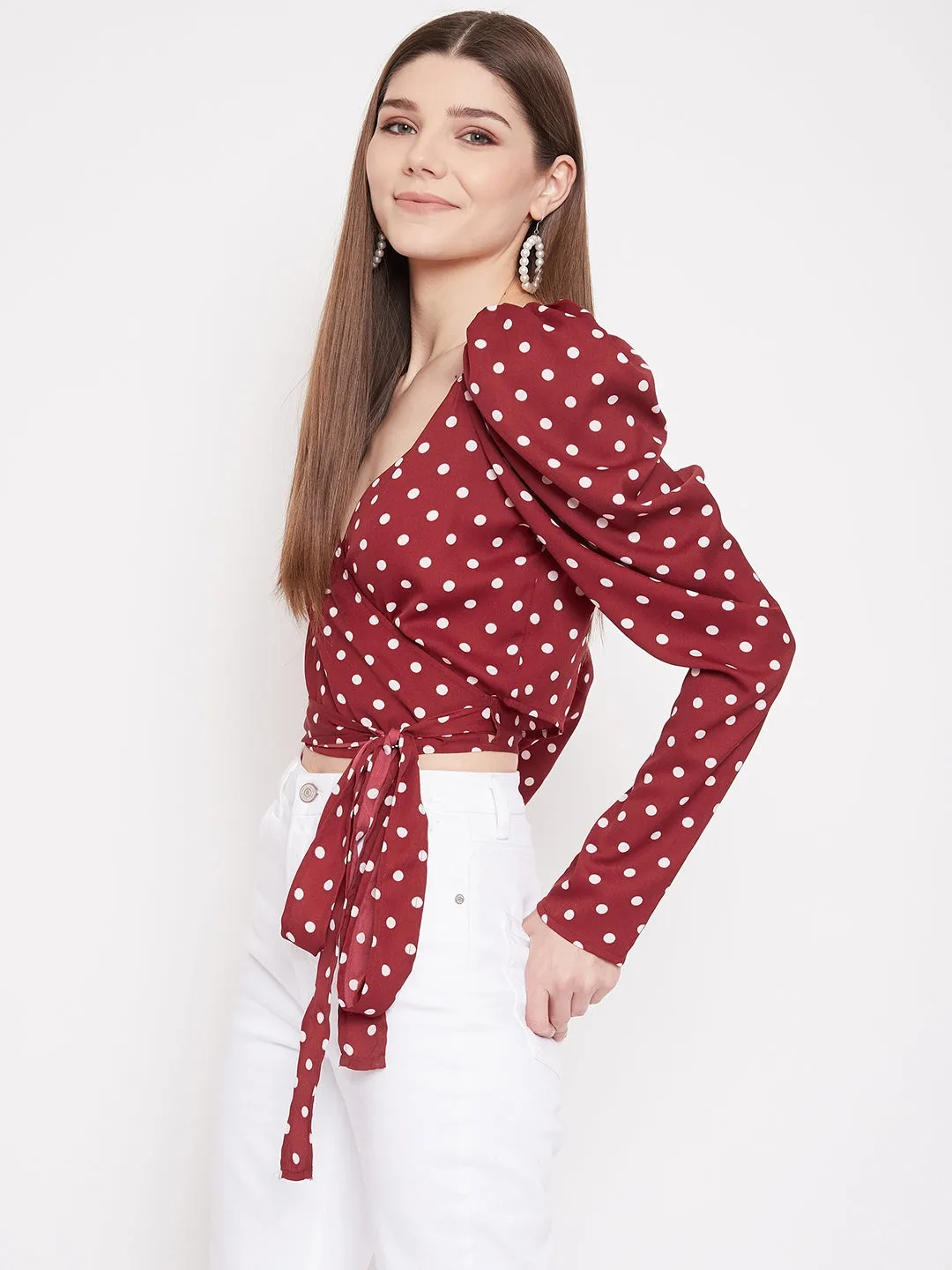 Berrylush Women Red Puff Sleeve Wrap Polka-Dot Crop Top