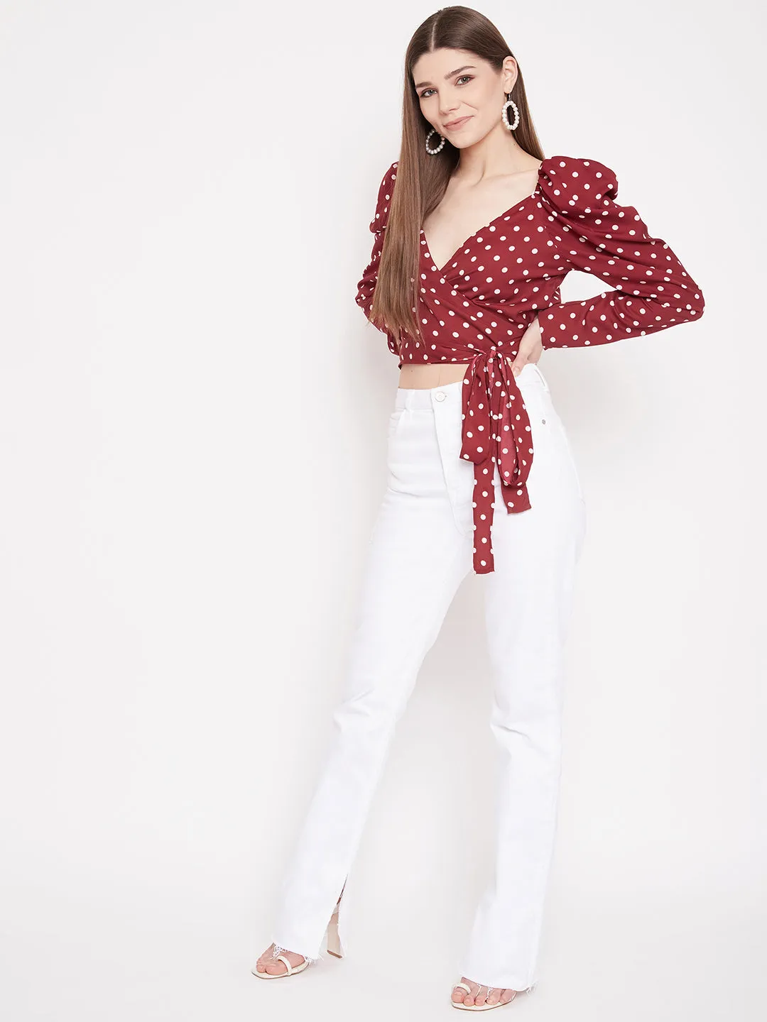 Berrylush Women Red Puff Sleeve Wrap Polka-Dot Crop Top