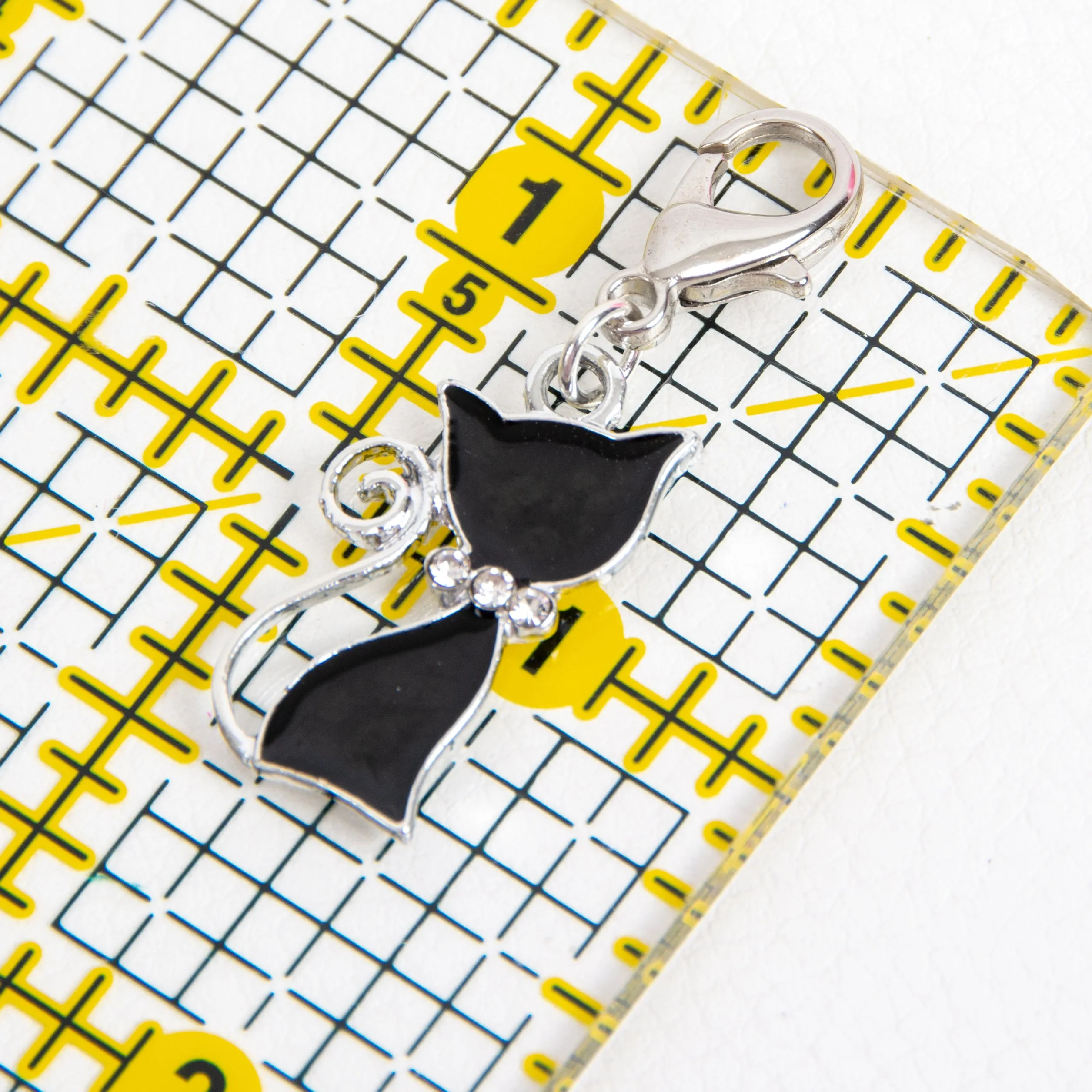 Black Enamel Cat Charm with Rhinestone Bow Collar