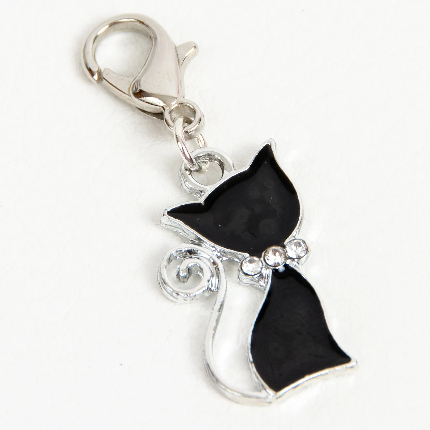 Black Enamel Cat Charm with Rhinestone Bow Collar