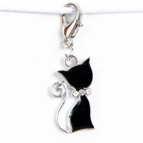 Black Enamel Cat Charm with Rhinestone Bow Collar