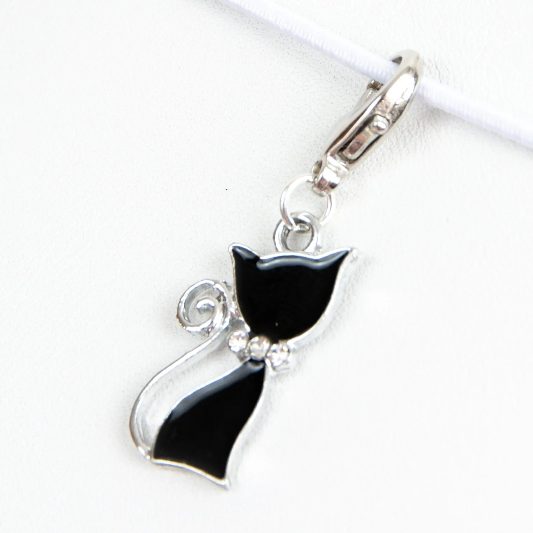 Black Enamel Cat Charm with Rhinestone Bow Collar