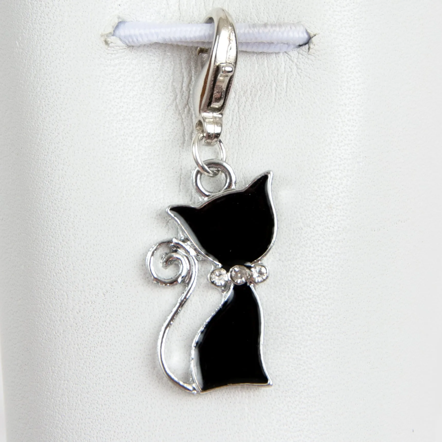 Black Enamel Cat Charm with Rhinestone Bow Collar