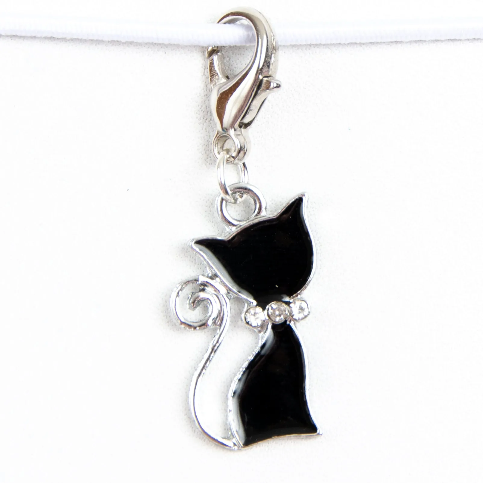 Black Enamel Cat Charm with Rhinestone Bow Collar