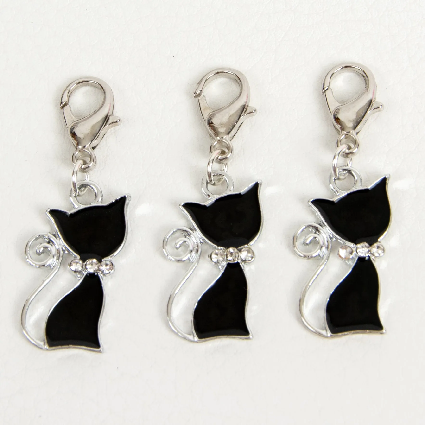 Black Enamel Cat Charm with Rhinestone Bow Collar