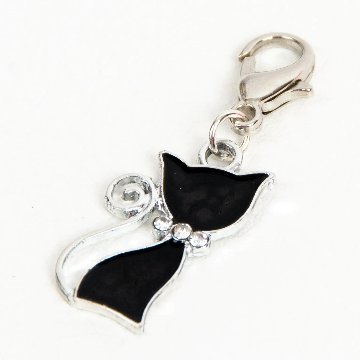 Black Enamel Cat Charm with Rhinestone Bow Collar