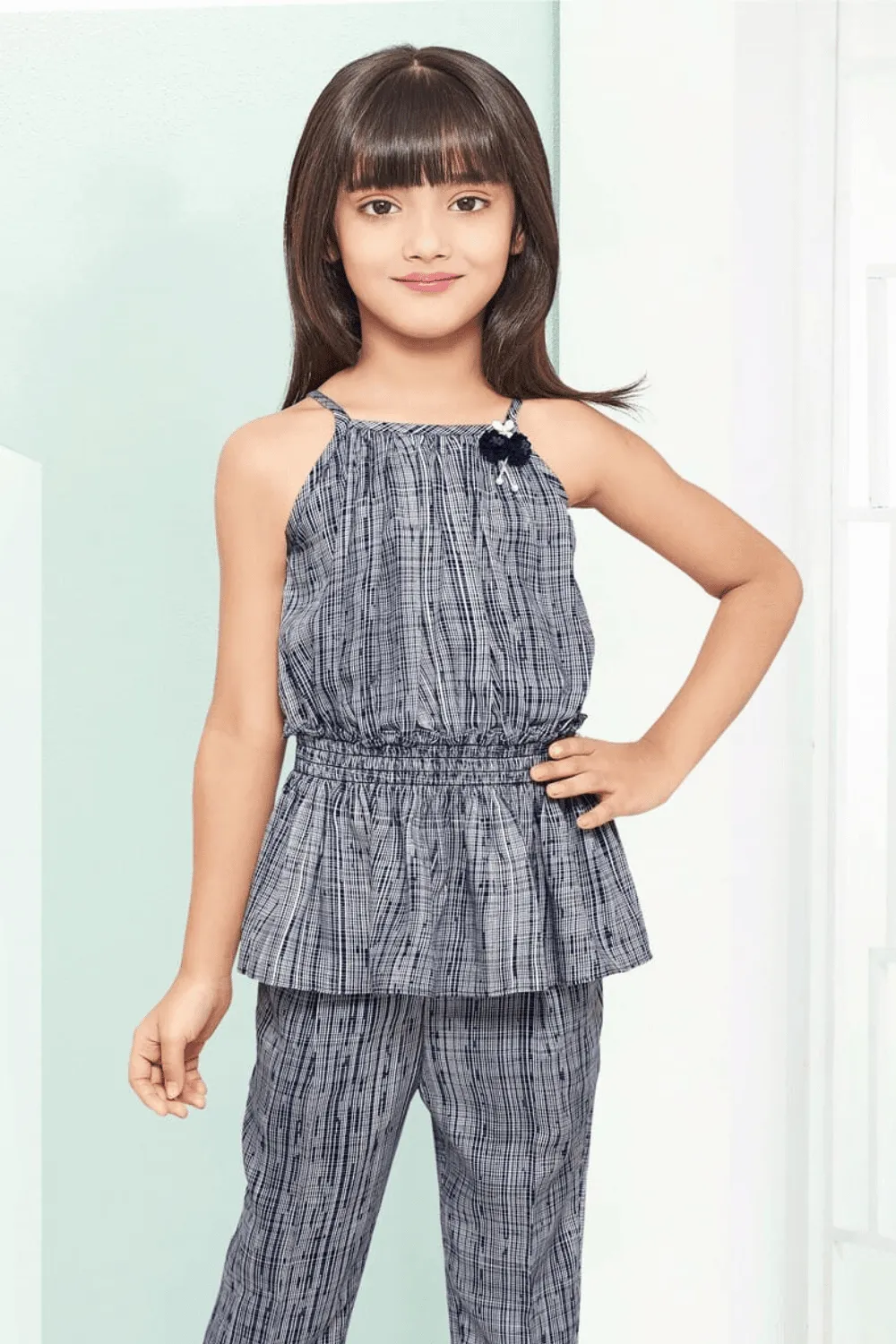 Blue Printed Top with Three Fourth Pant for Girls