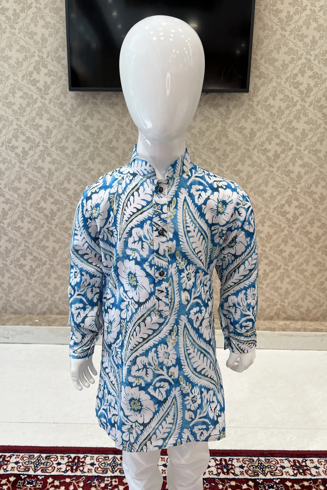 Blue with White Digital Print Kurta Set for Boys