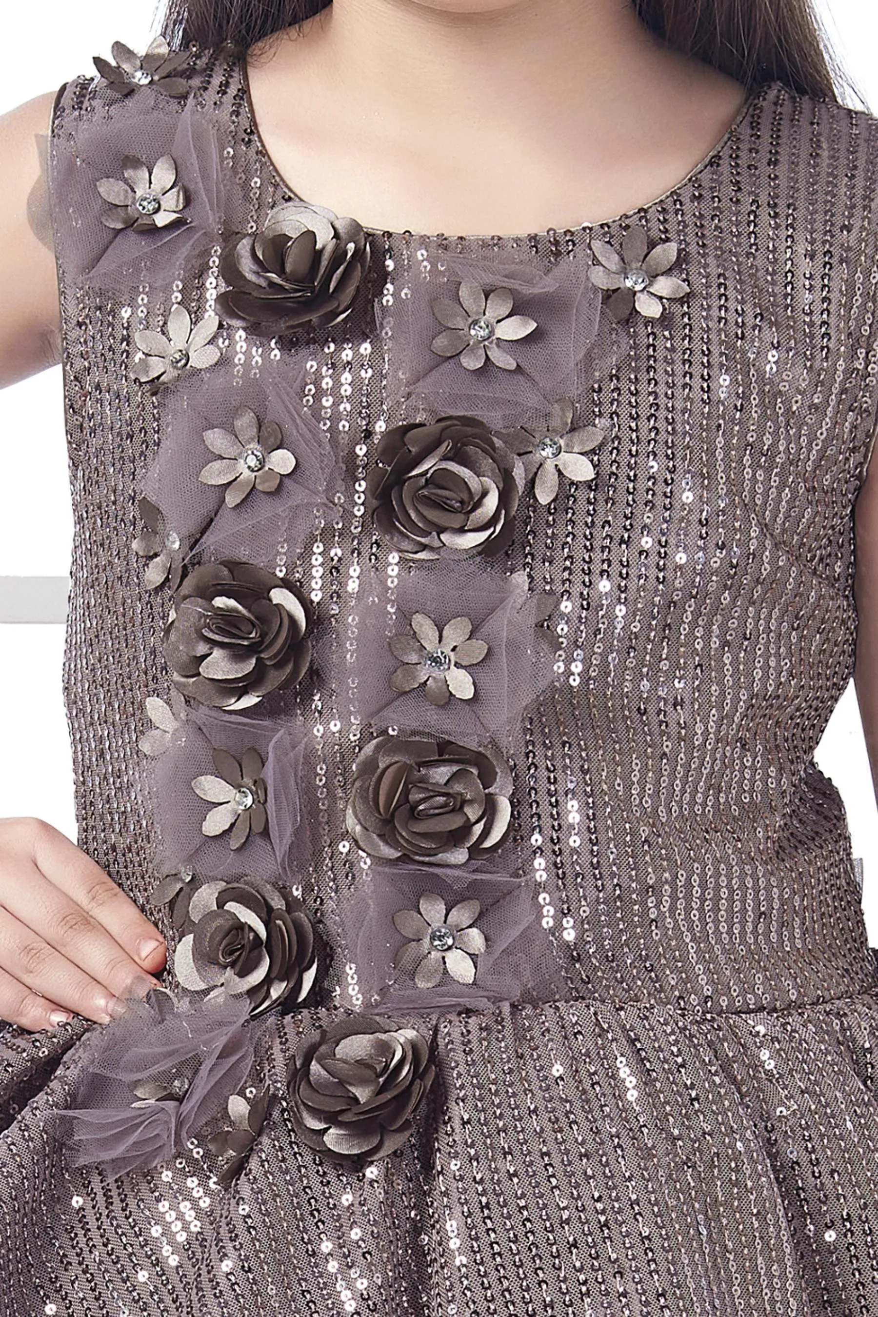 Brown Sequins and Stone work Long Party Gown for Girls
