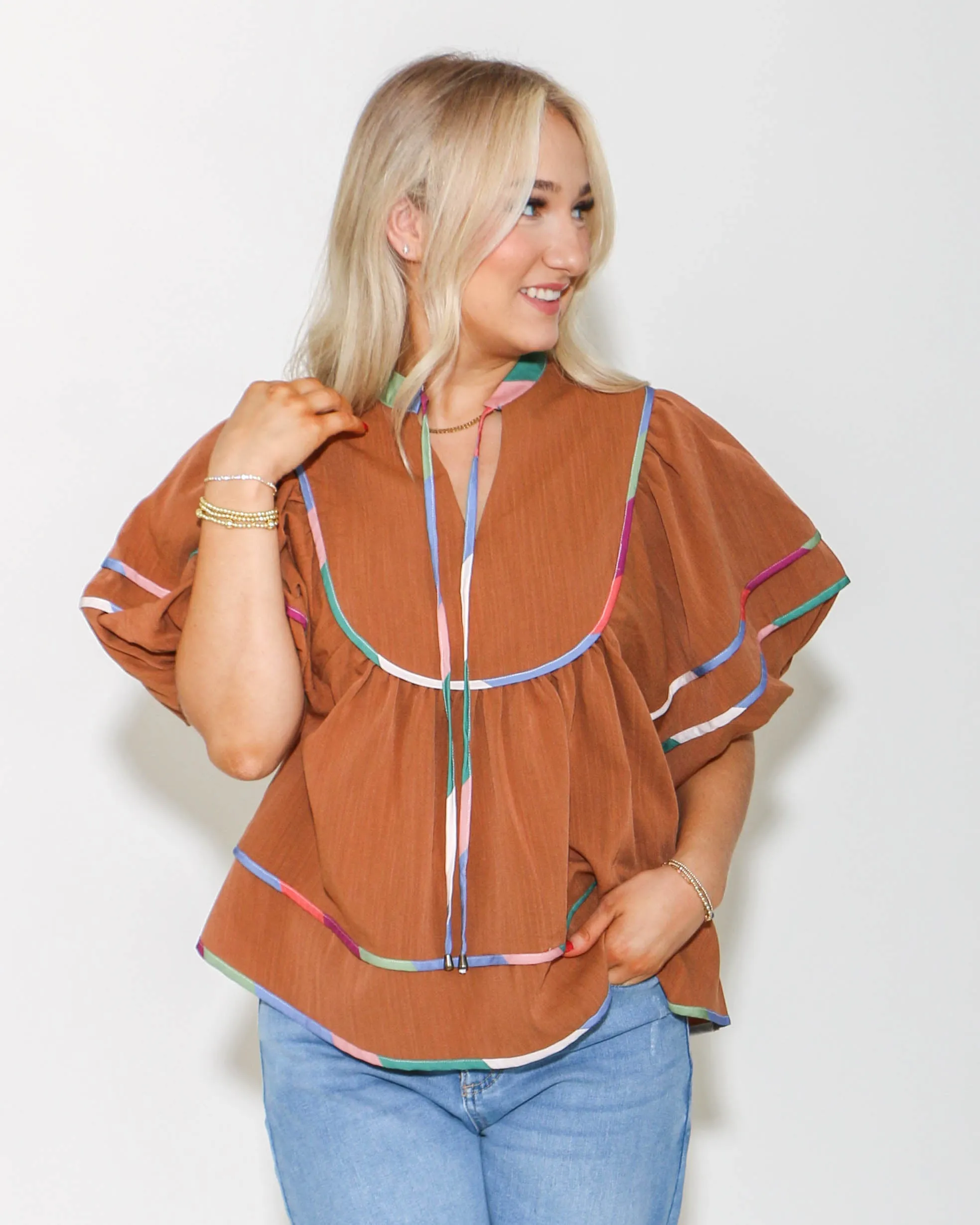 Caramel Puff Sleeve V-Neck Top