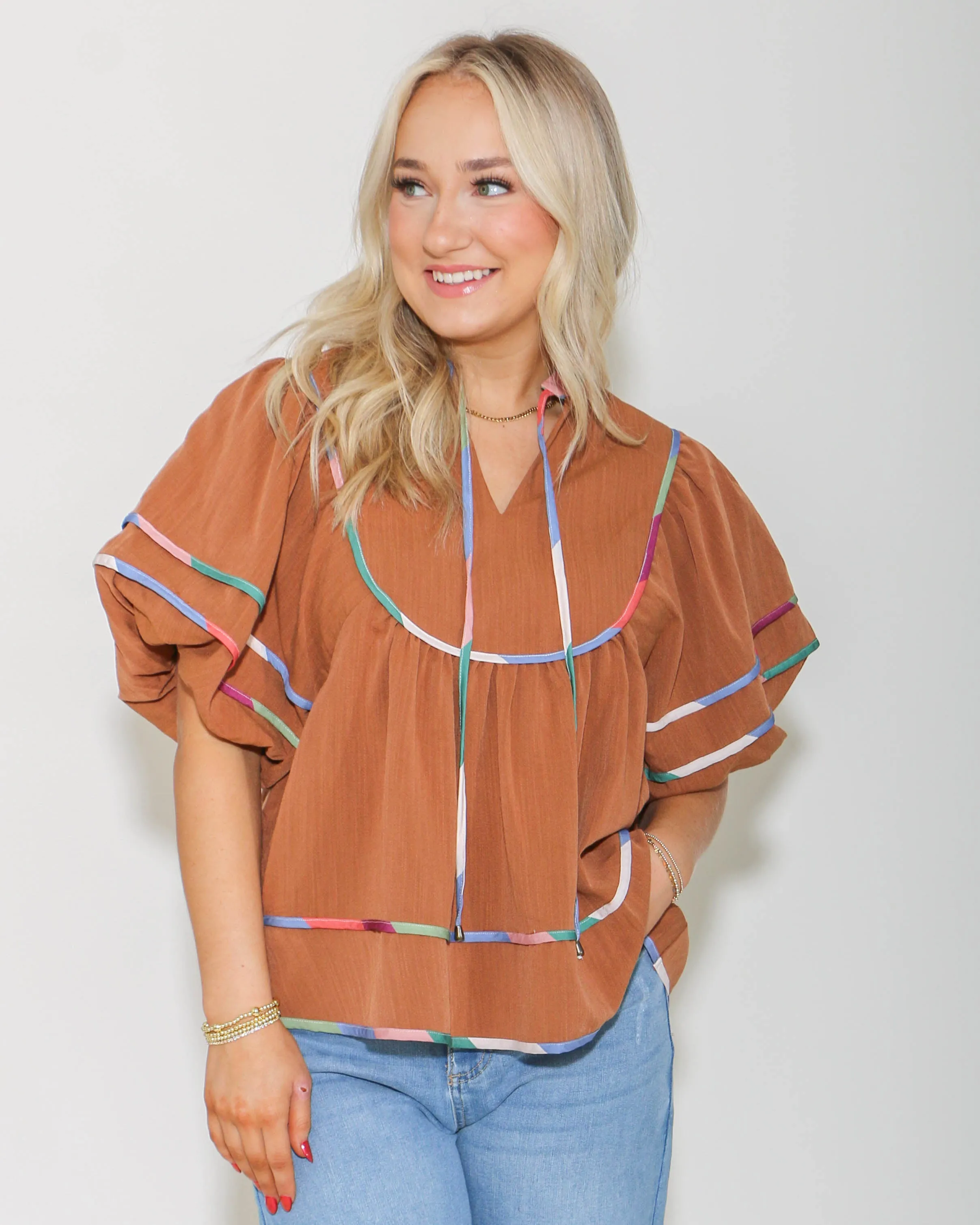 Caramel Puff Sleeve V-Neck Top