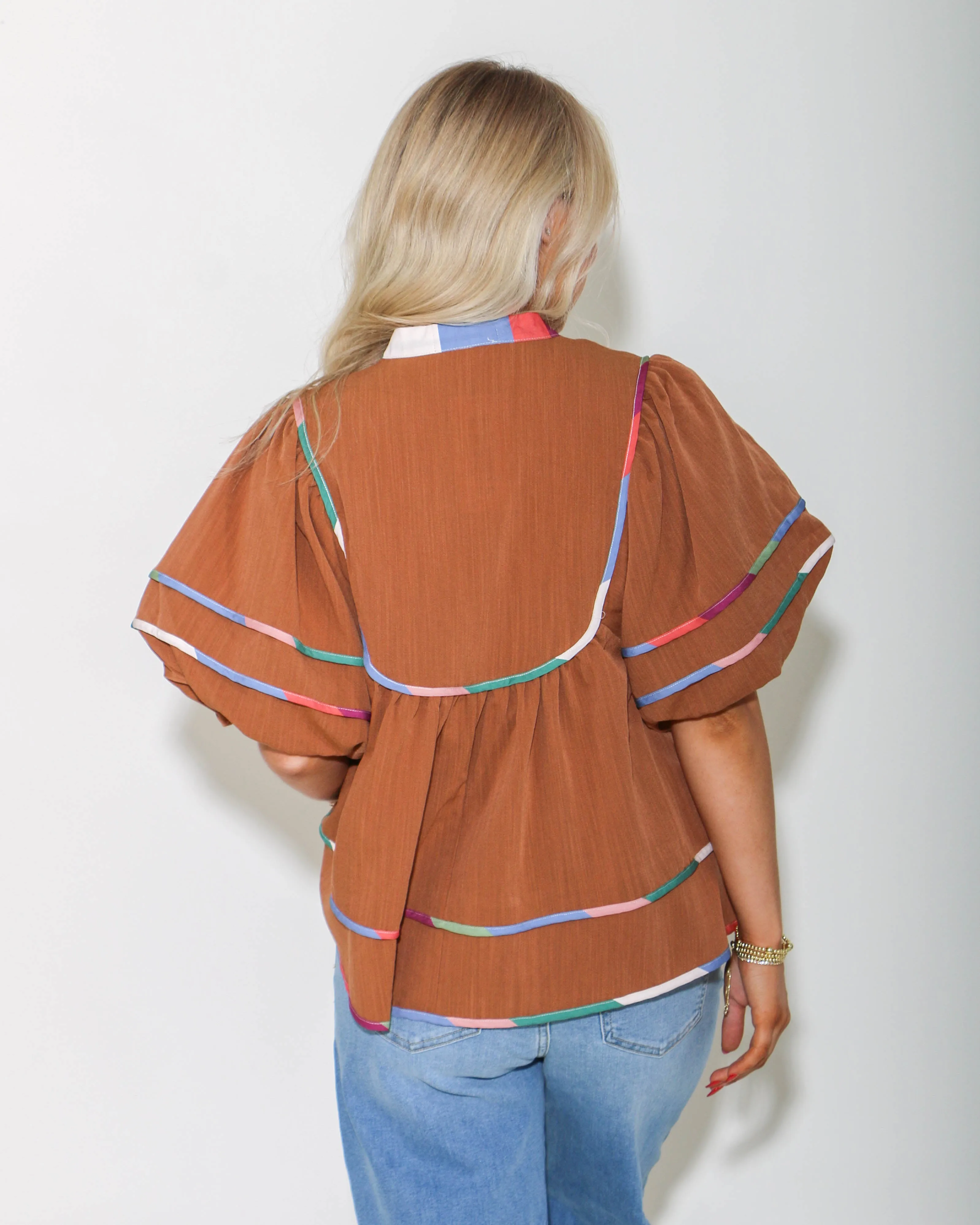 Caramel Puff Sleeve V-Neck Top