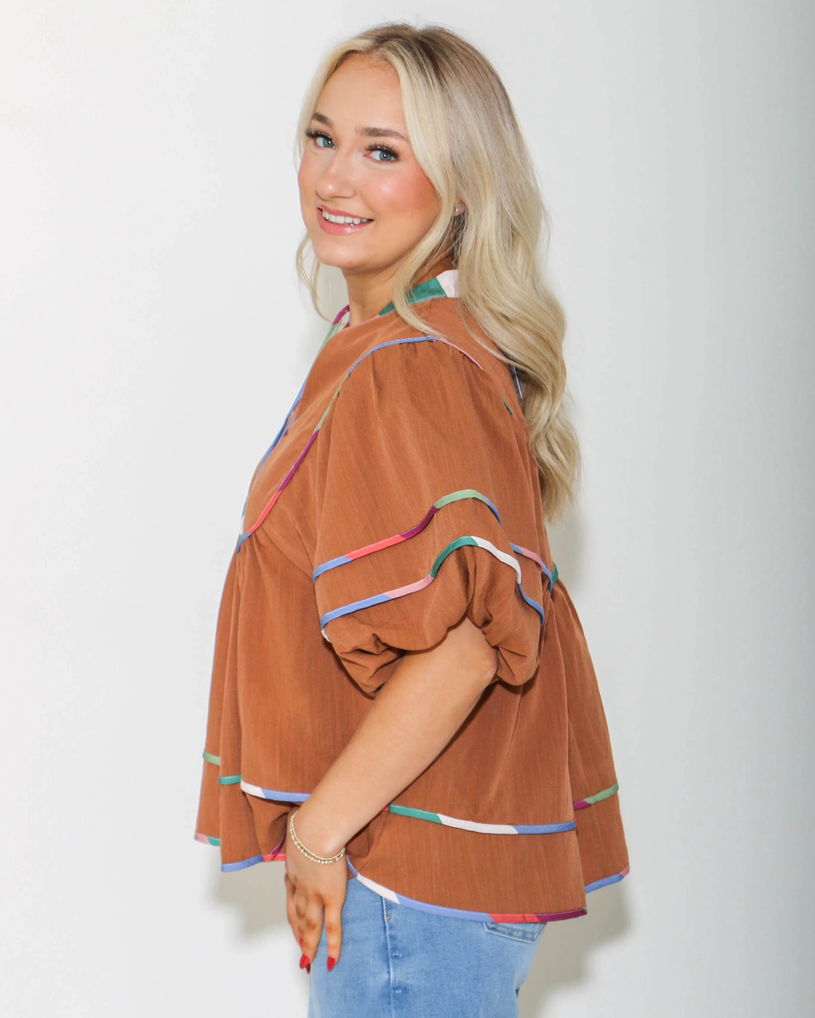 Caramel Puff Sleeve V-Neck Top