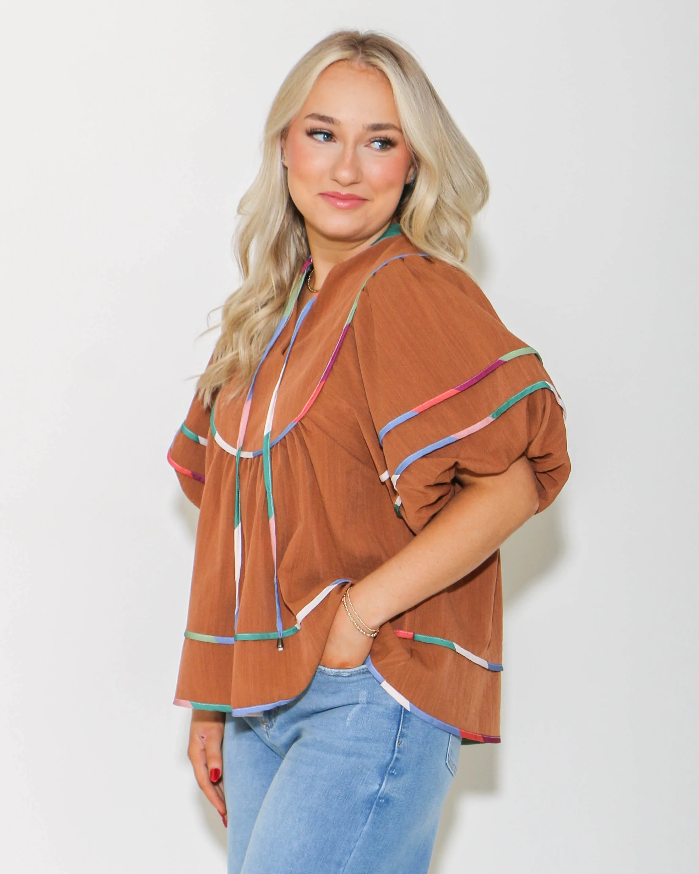 Caramel Puff Sleeve V-Neck Top