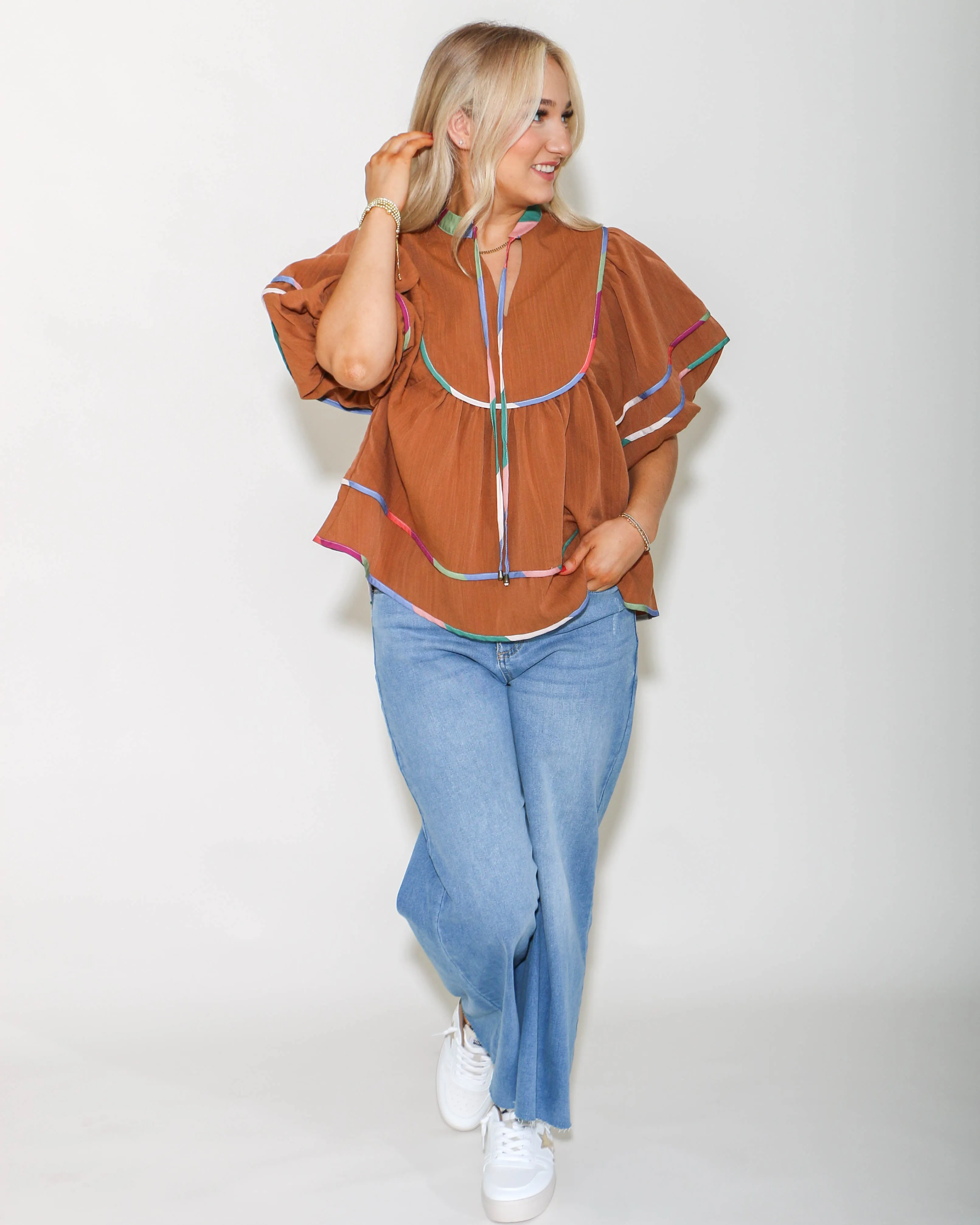 Caramel Puff Sleeve V-Neck Top