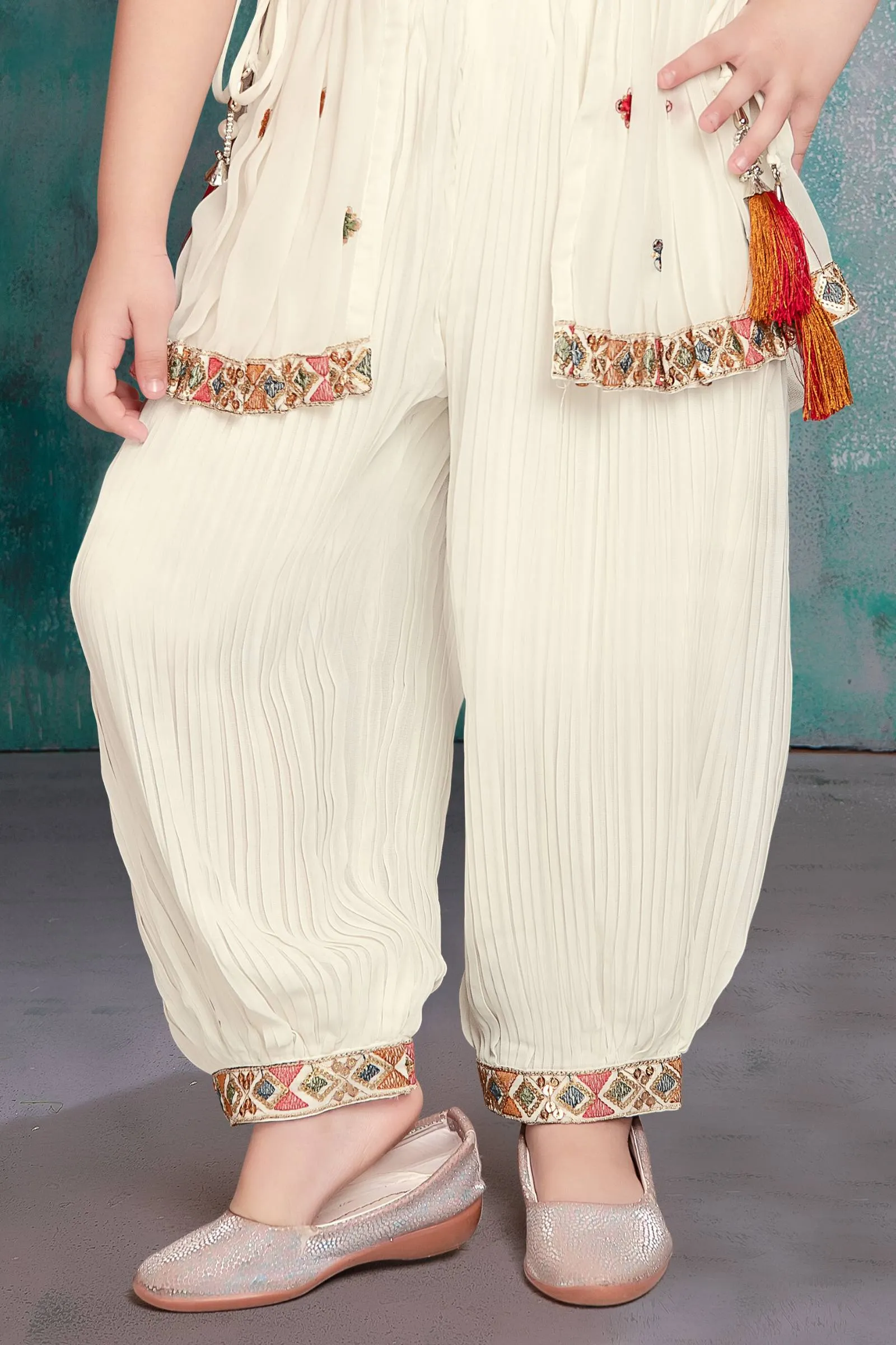 Cream Sequins and Multicolor Thread work Peplum Top and Afghani Set for Girls