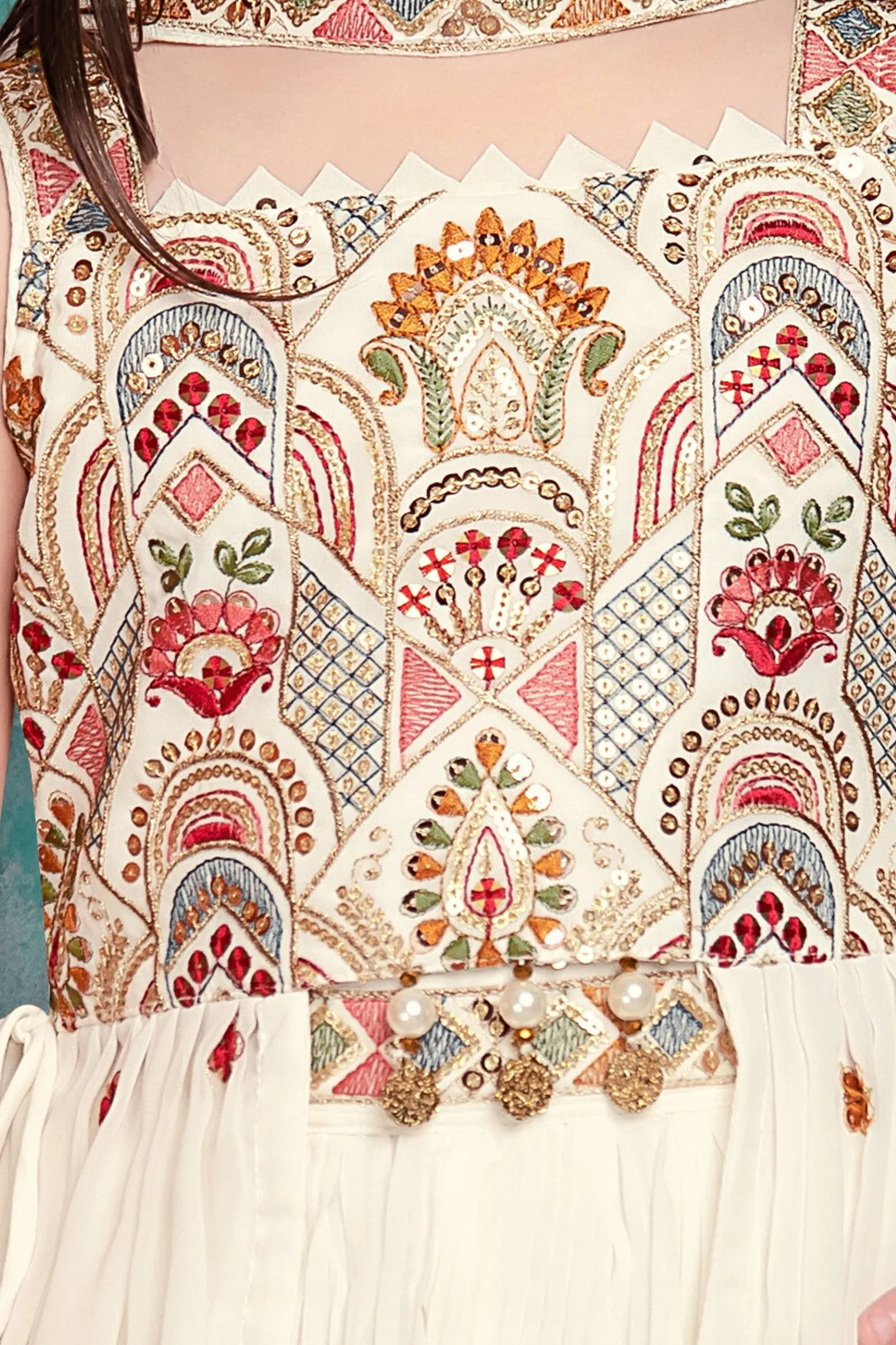 Cream Sequins and Multicolor Thread work Peplum Top and Afghani Set for Girls