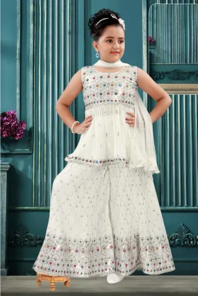 Cream Sequins, Zari and Multicolor Threads work Peplum Top and Palazzo Set For Girls
