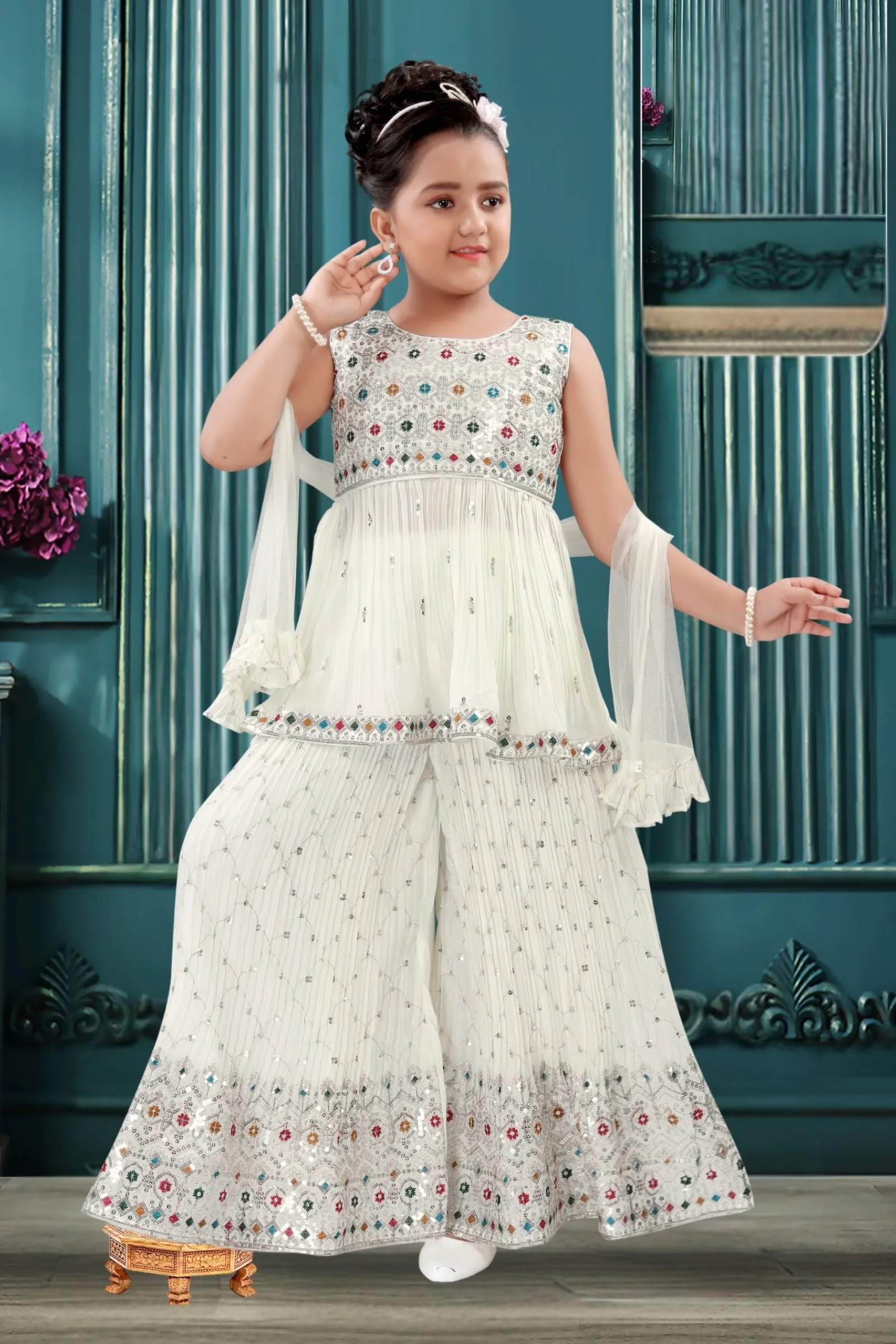 Cream Sequins, Zari and Multicolor Threads work Peplum Top and Palazzo Set For Girls