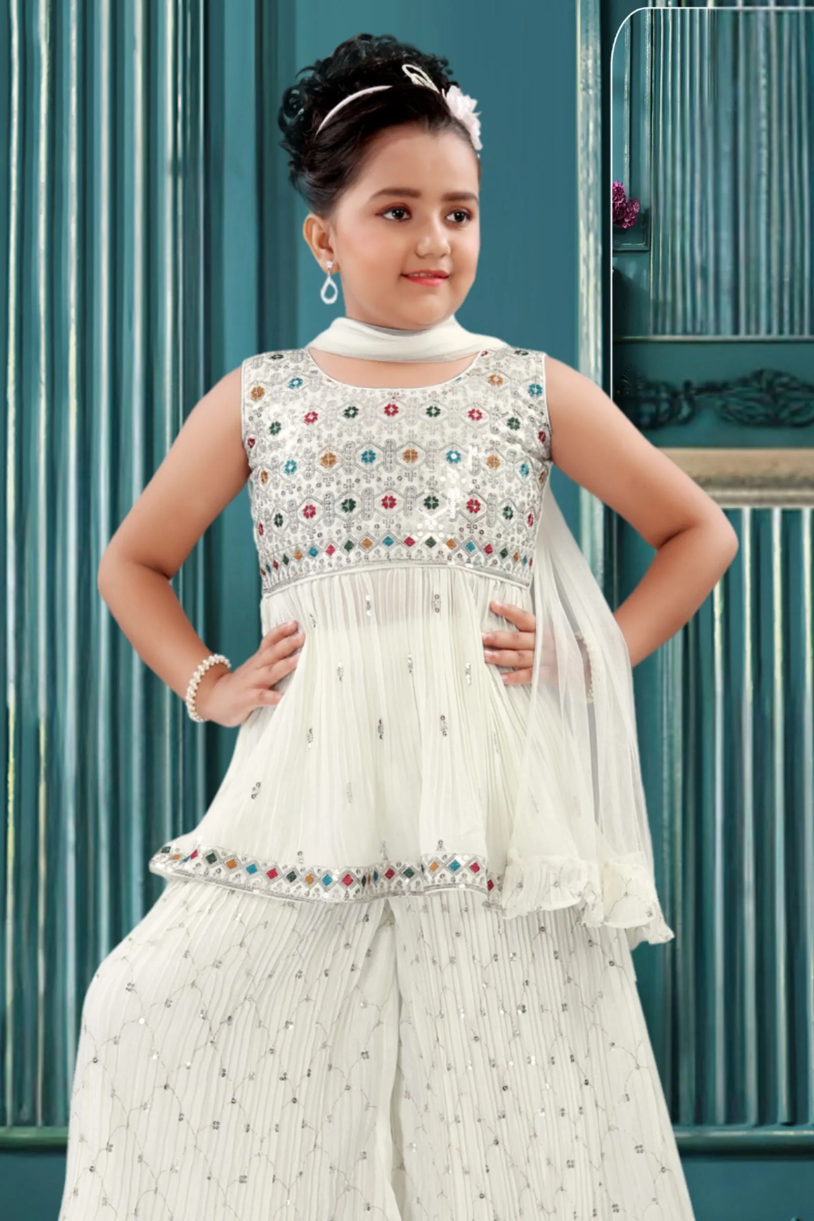 Cream Sequins, Zari and Multicolor Threads work Peplum Top and Palazzo Set For Girls