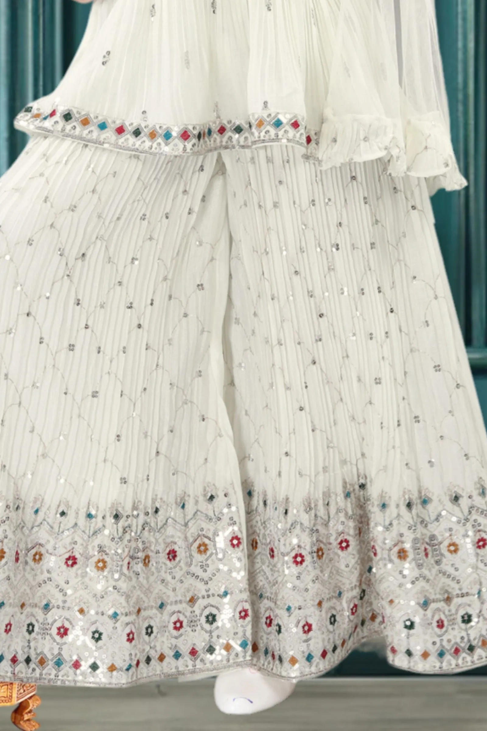 Cream Sequins, Zari and Multicolor Threads work Peplum Top and Palazzo Set For Girls