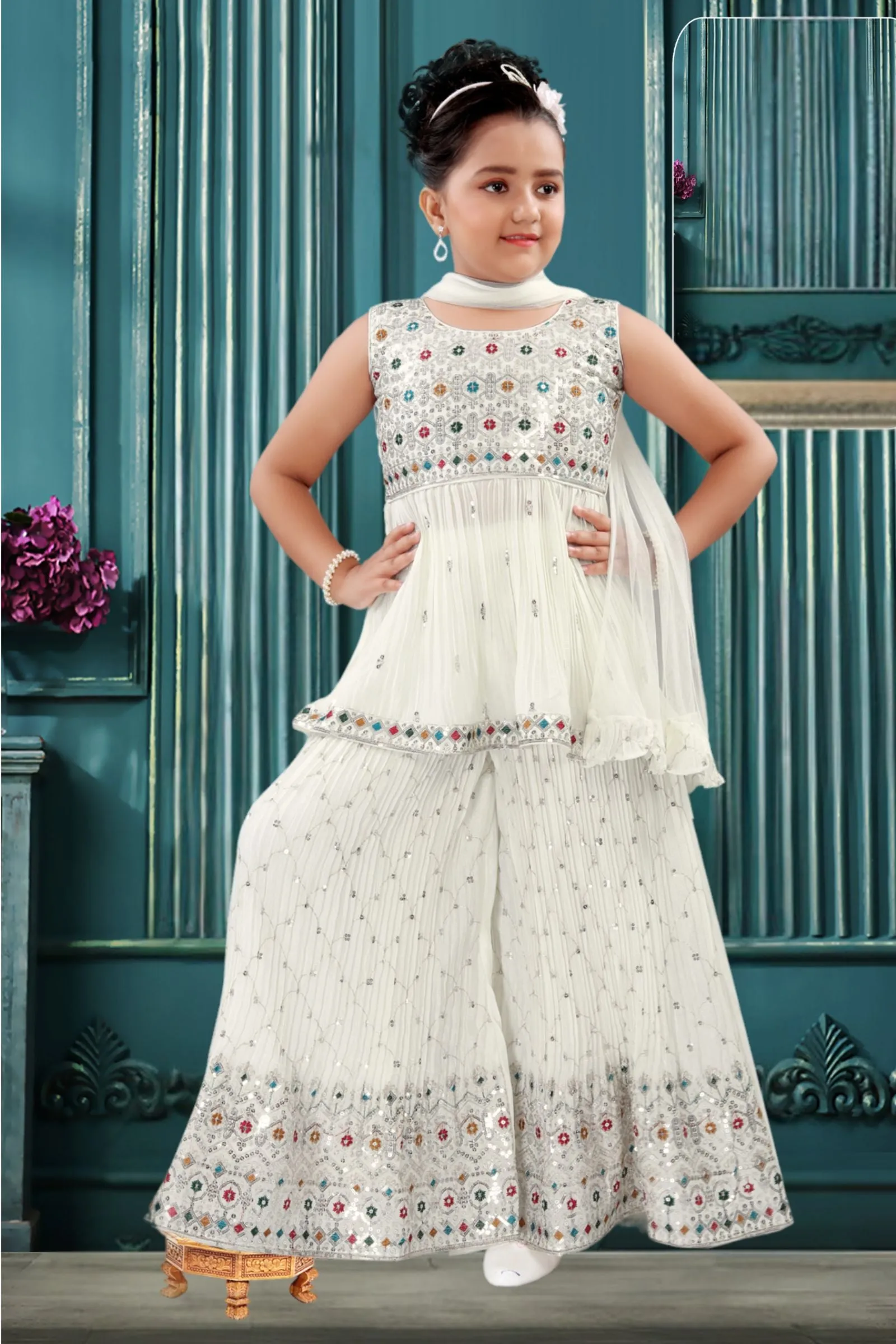 Cream Sequins, Zari and Multicolor Threads work Peplum Top and Palazzo Set For Girls