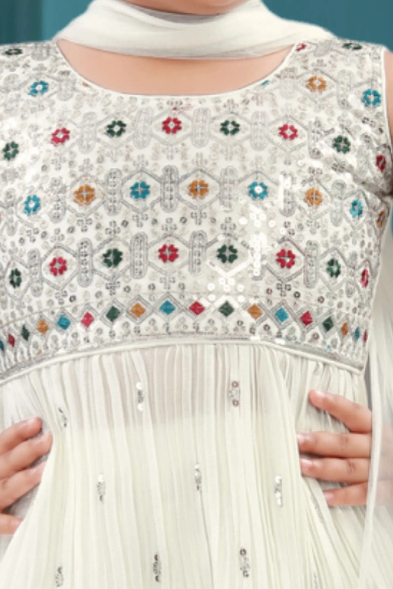 Cream Sequins, Zari and Multicolor Threads work Peplum Top and Palazzo Set For Girls