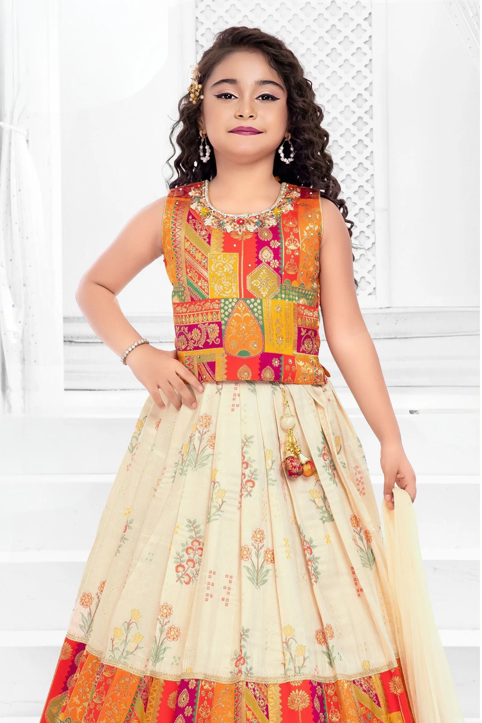 Cream with Multicolor Banaras, Stone and Zardozi work Lehenga Choli for Girls