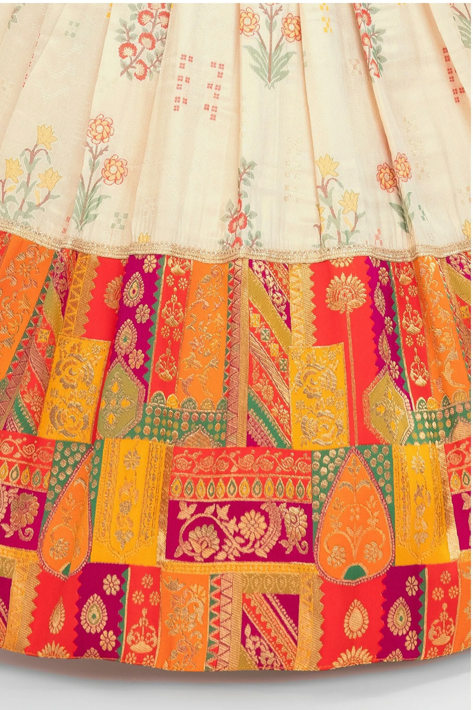Cream with Multicolor Banaras, Stone and Zardozi work Lehenga Choli for Girls