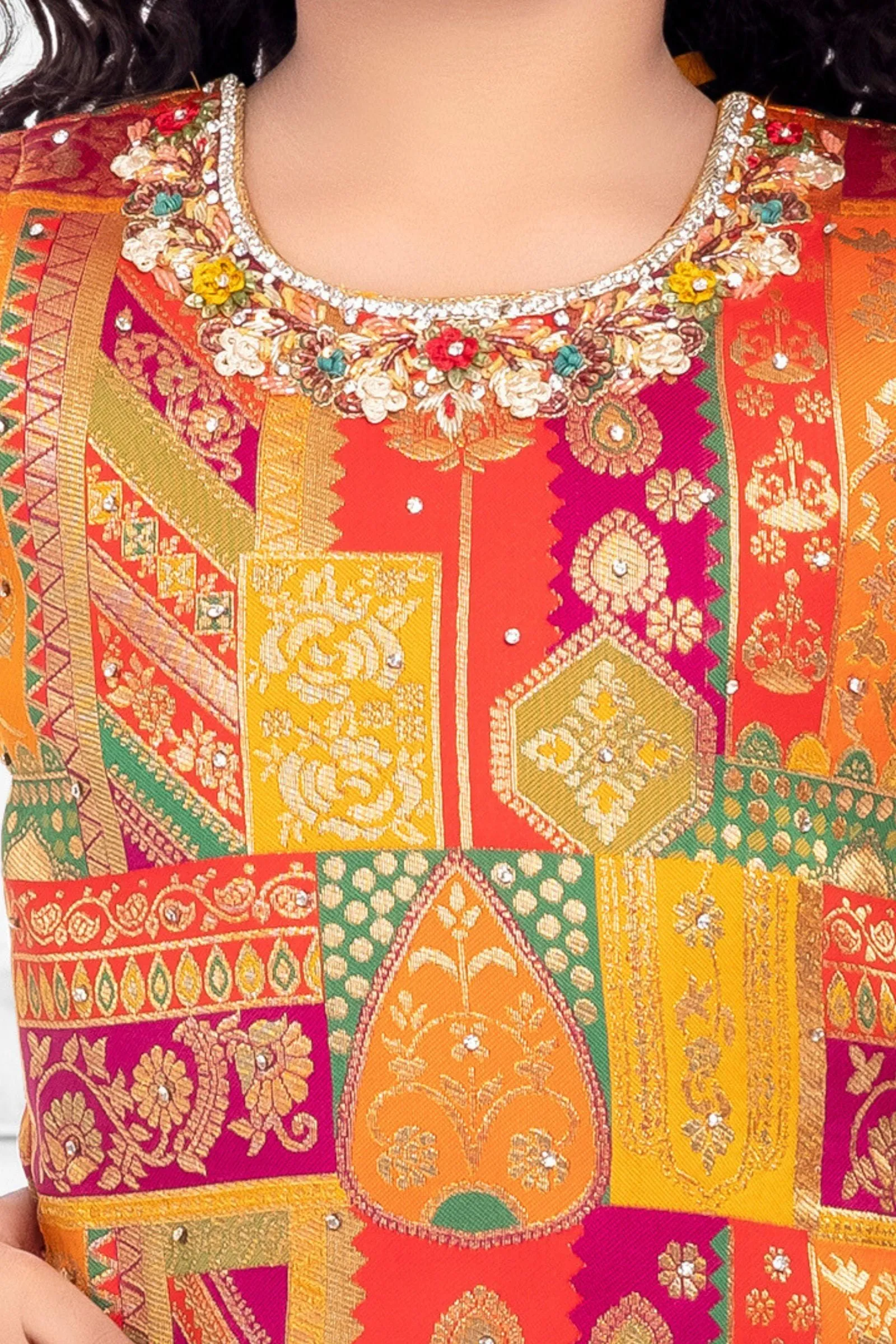 Cream with Multicolor Banaras, Stone and Zardozi work Lehenga Choli for Girls