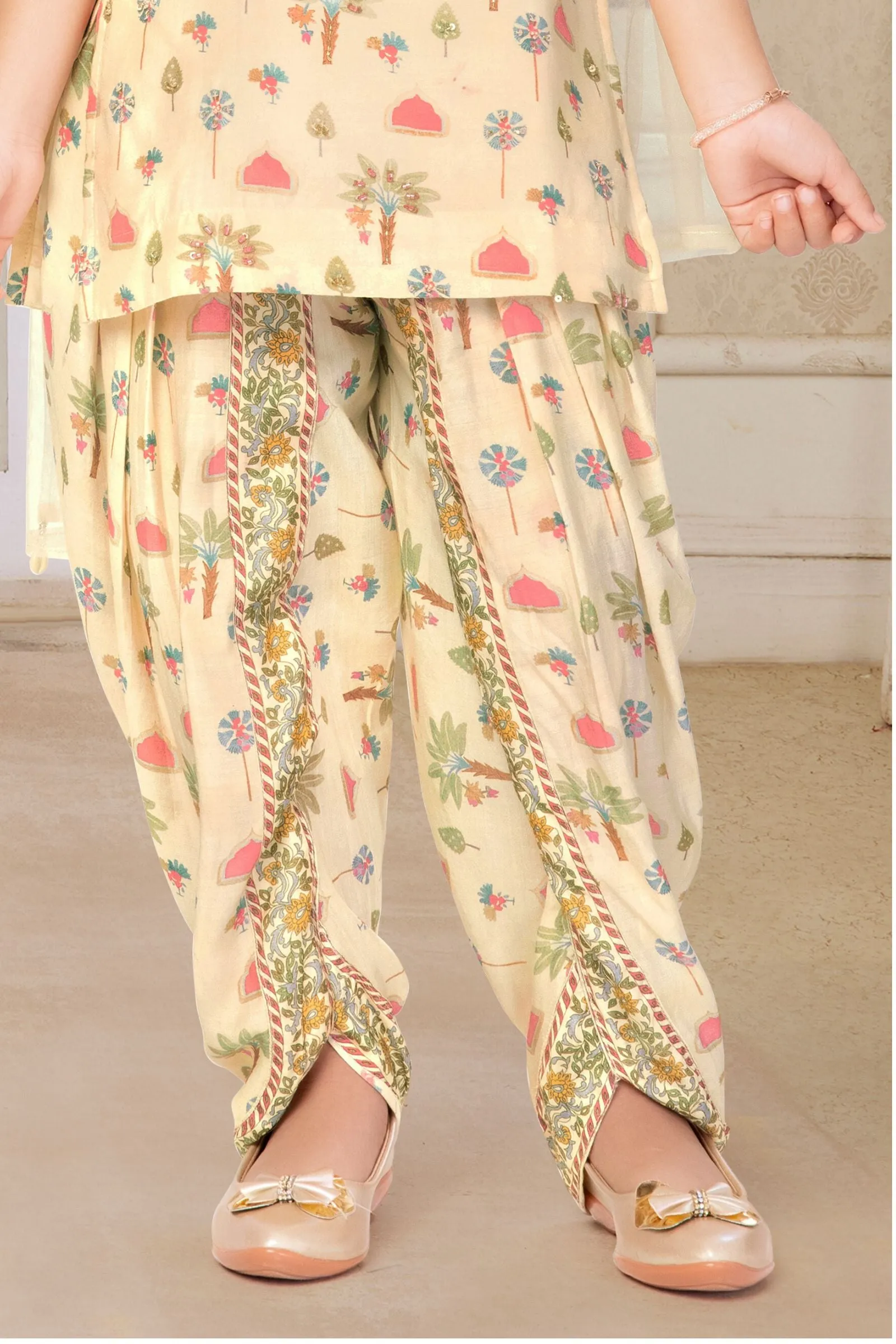 Cream with Multicolor Digital Print and Beads work Dhoti Style Salwar for Girls
