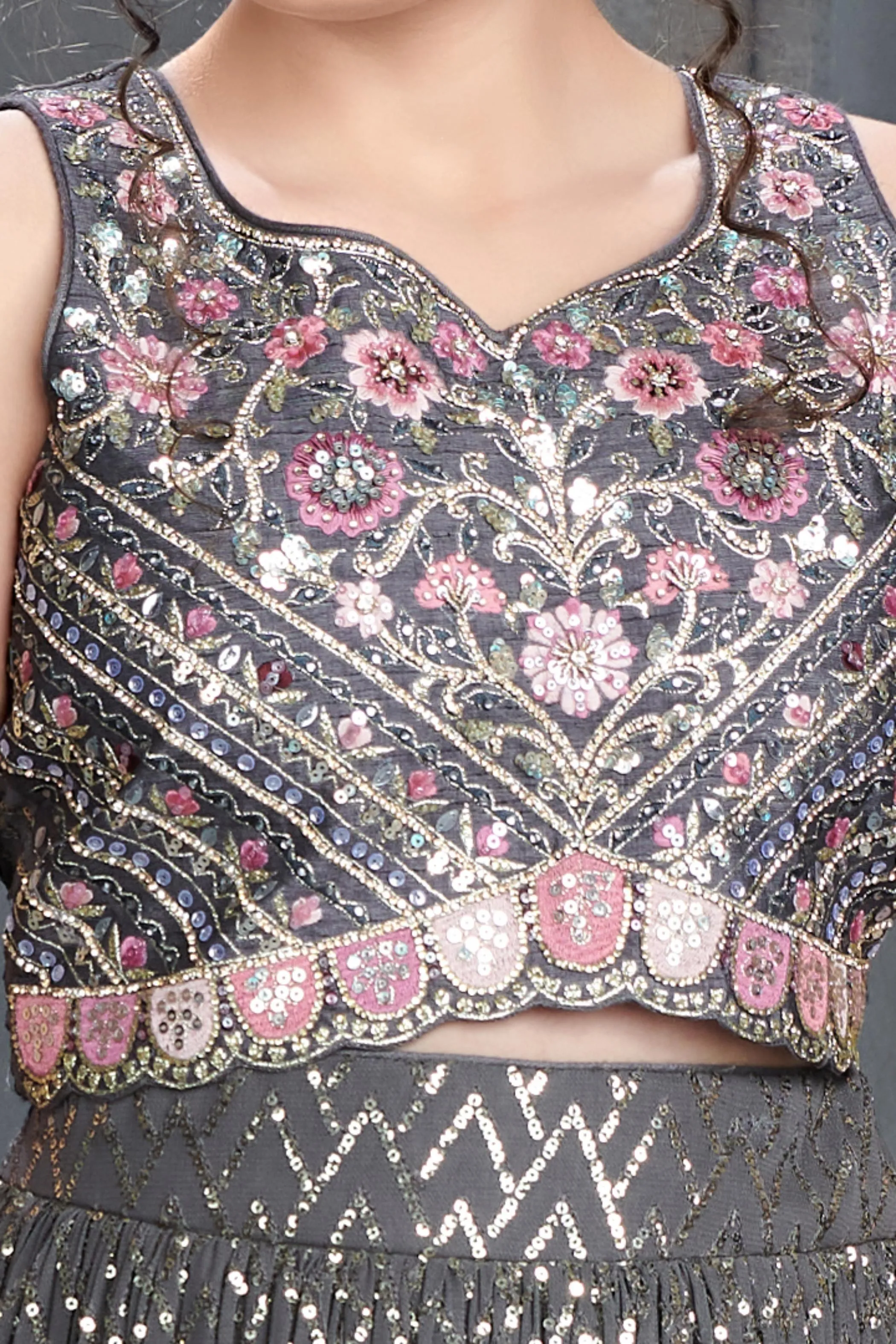 Dark Grey Stone, Sequins, Thread and Zari work Lehenga Choli for Girls