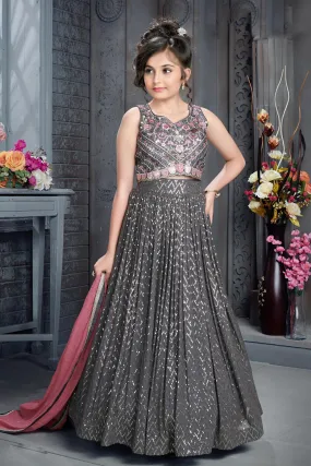 Dark Grey Stone, Sequins, Thread and Zari work Lehenga Choli for Girls
