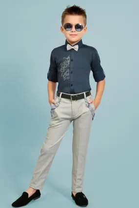 Dark Grey Suspender Style Pant Shirt Set for Boys with Bow and Belt