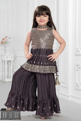 Dark Lilac Sequins and Zari work Peplum Top and Palazzo Set for Girls