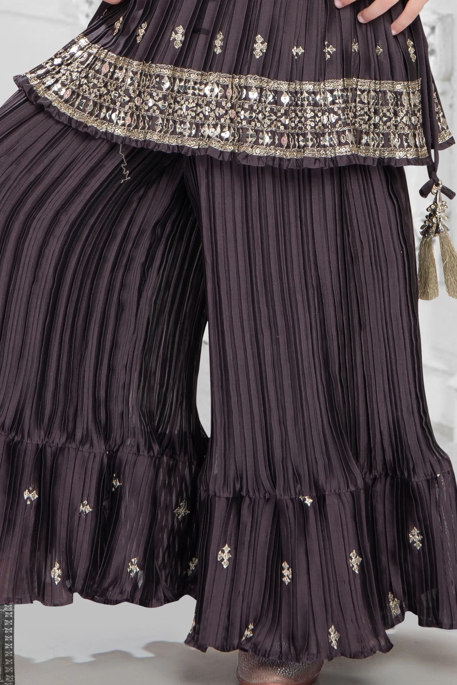 Dark Lilac Sequins and Zari work Peplum Top and Palazzo Set for Girls
