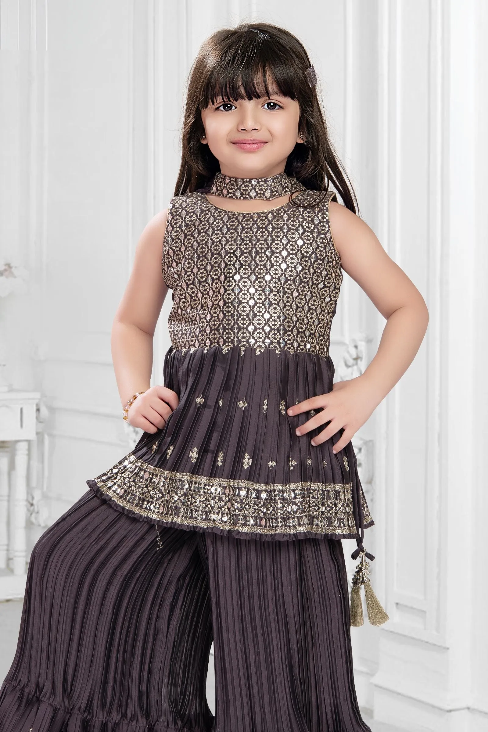 Dark Lilac Sequins and Zari work Peplum Top and Palazzo Set for Girls