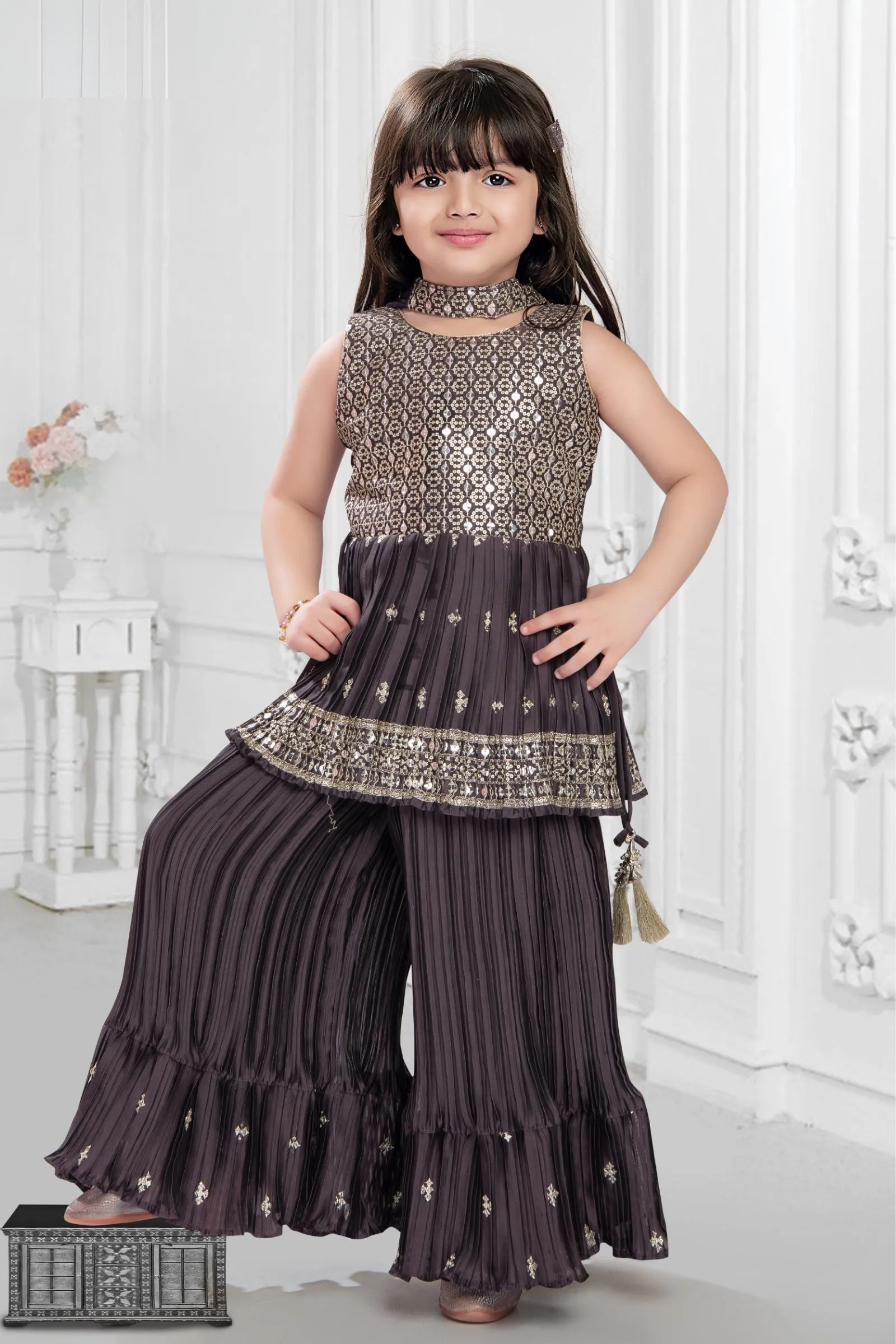 Dark Lilac Sequins and Zari work Peplum Top and Palazzo Set for Girls