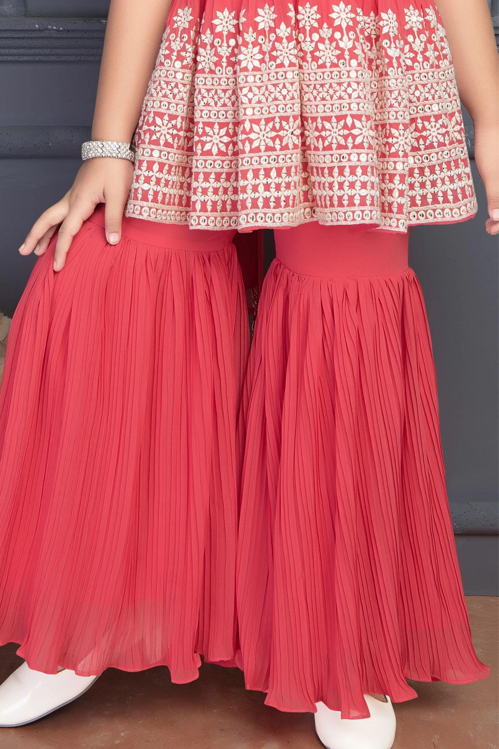 Dark Pink Sequins and Zari work Peplum Top and Sharara Set for Girls