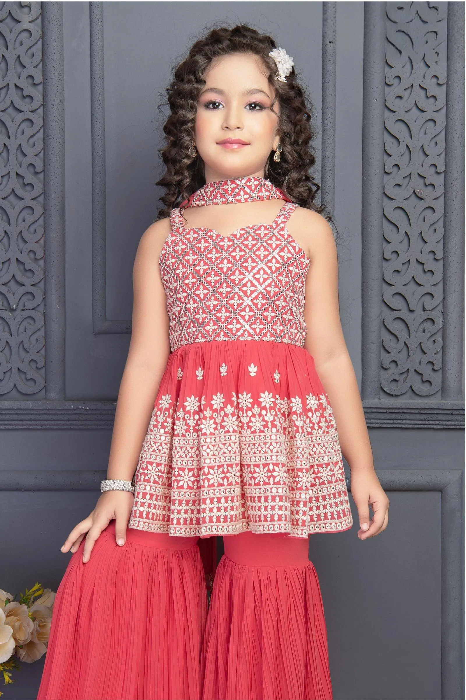 Dark Pink Sequins and Zari work Peplum Top and Sharara Set for Girls