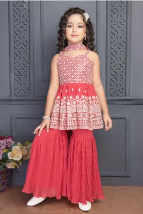 Dark Pink Sequins and Zari work Peplum Top and Sharara Set for Girls