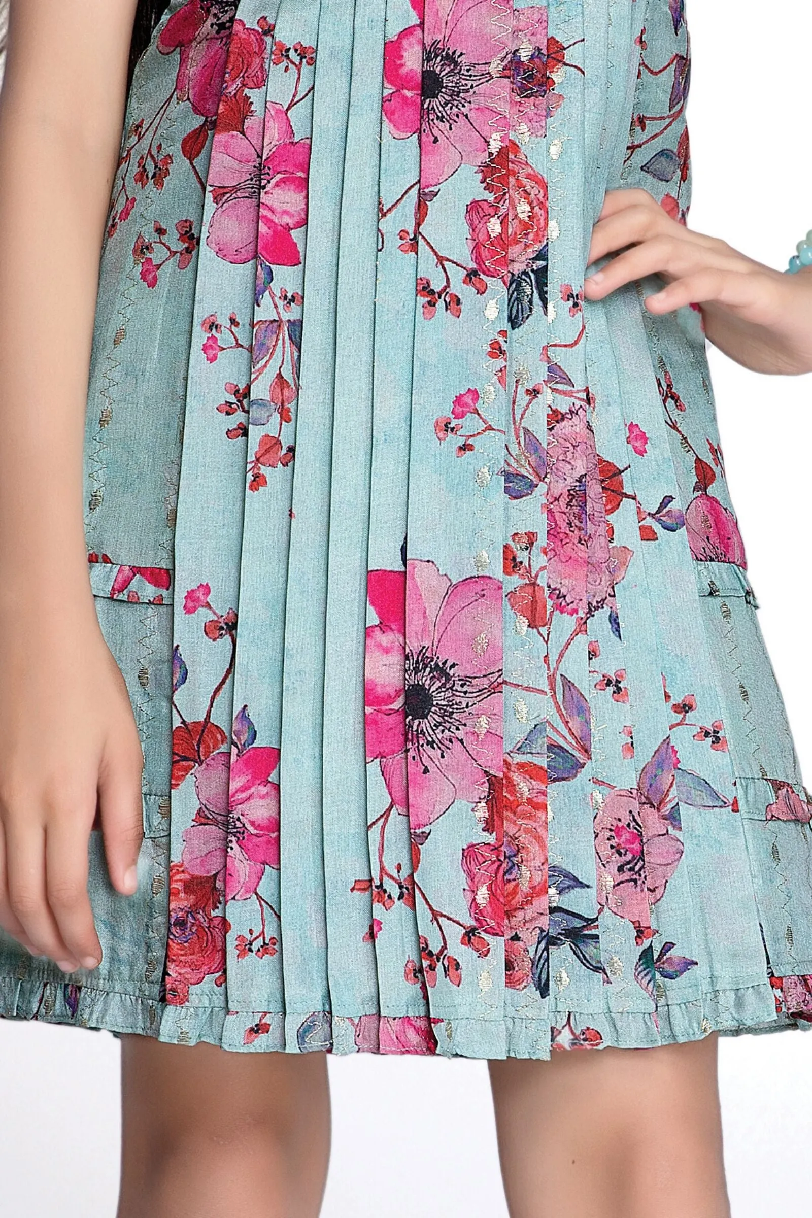 Dark Pista Green Thread work with Floral Print Knee Length Casual Frock for Girls