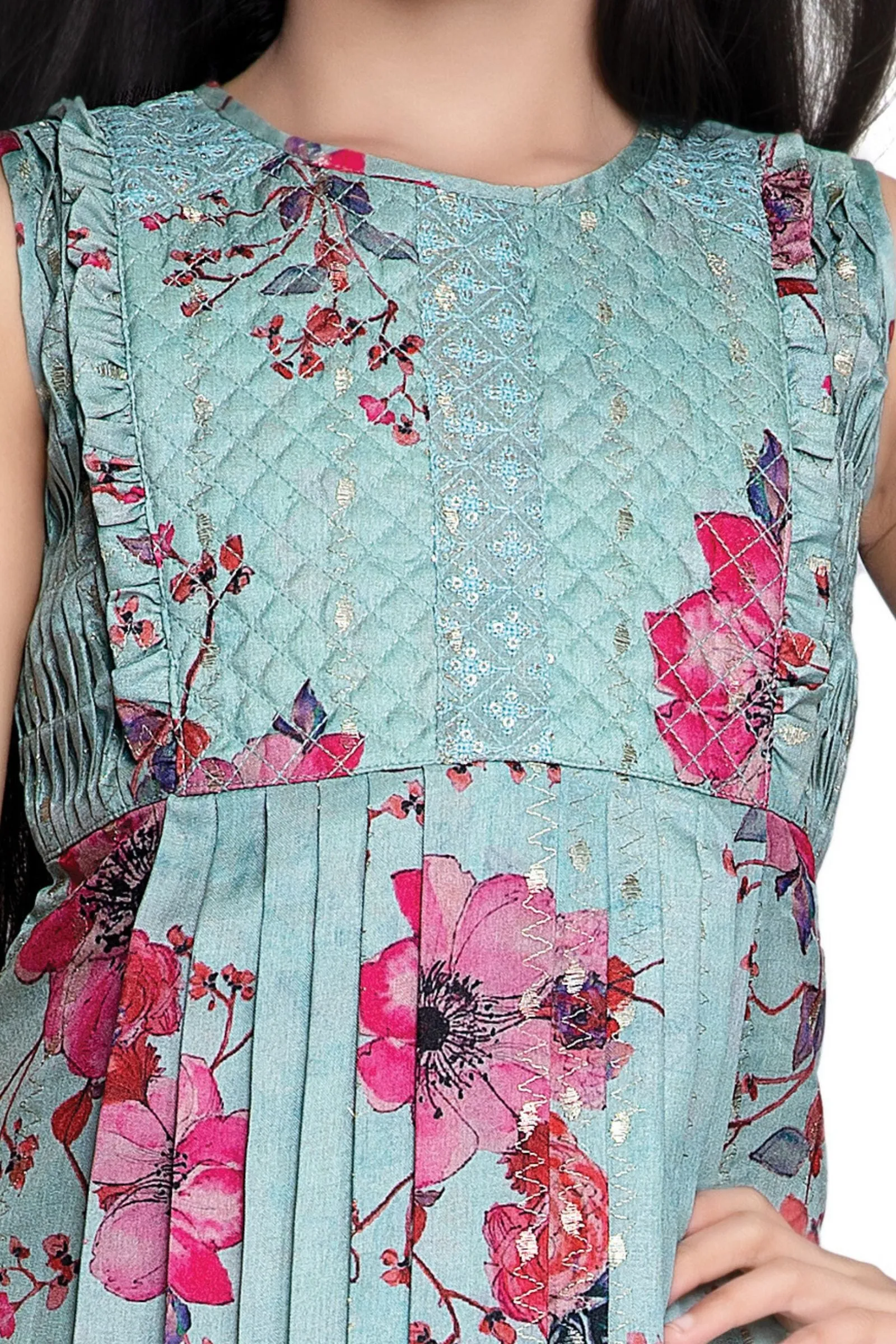 Dark Pista Green Thread work with Floral Print Knee Length Casual Frock for Girls