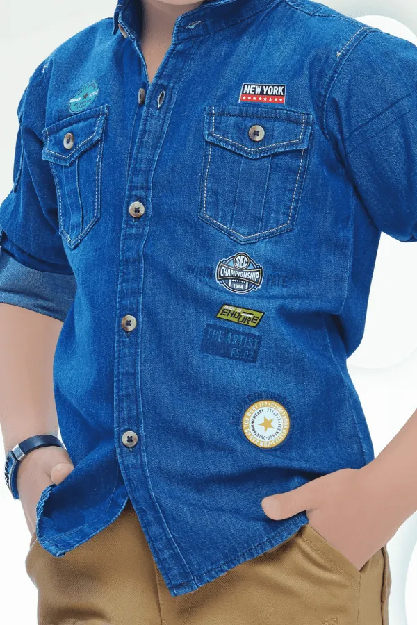Denim Blue with Beige Casual wear Pant and Shirt Set for Boys