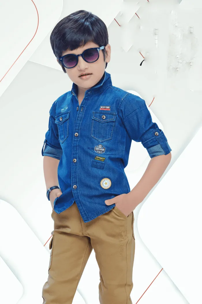 Denim Blue with Beige Casual wear Pant and Shirt Set for Boys