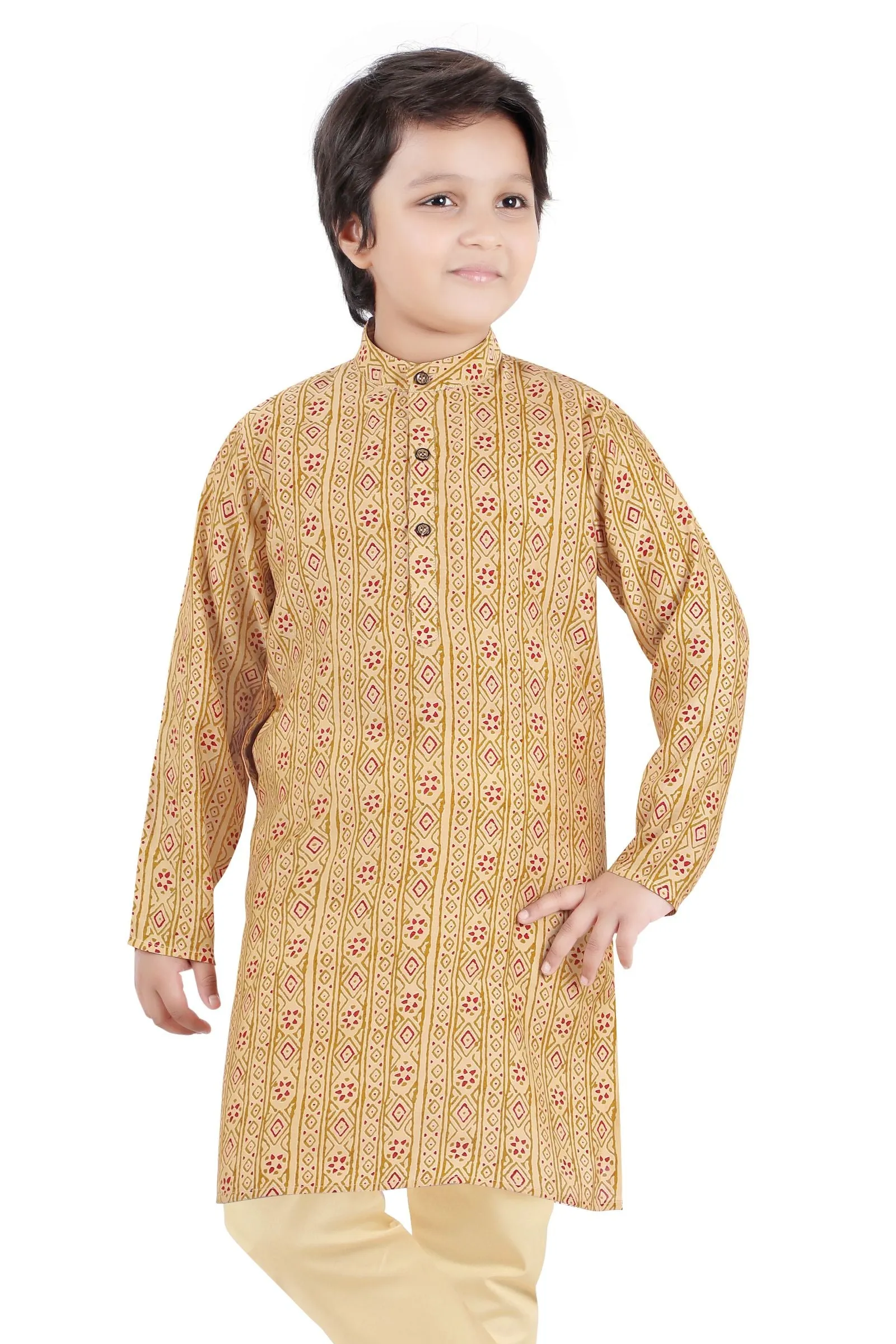 Fawn with Digital Print Kurta Set for Boys