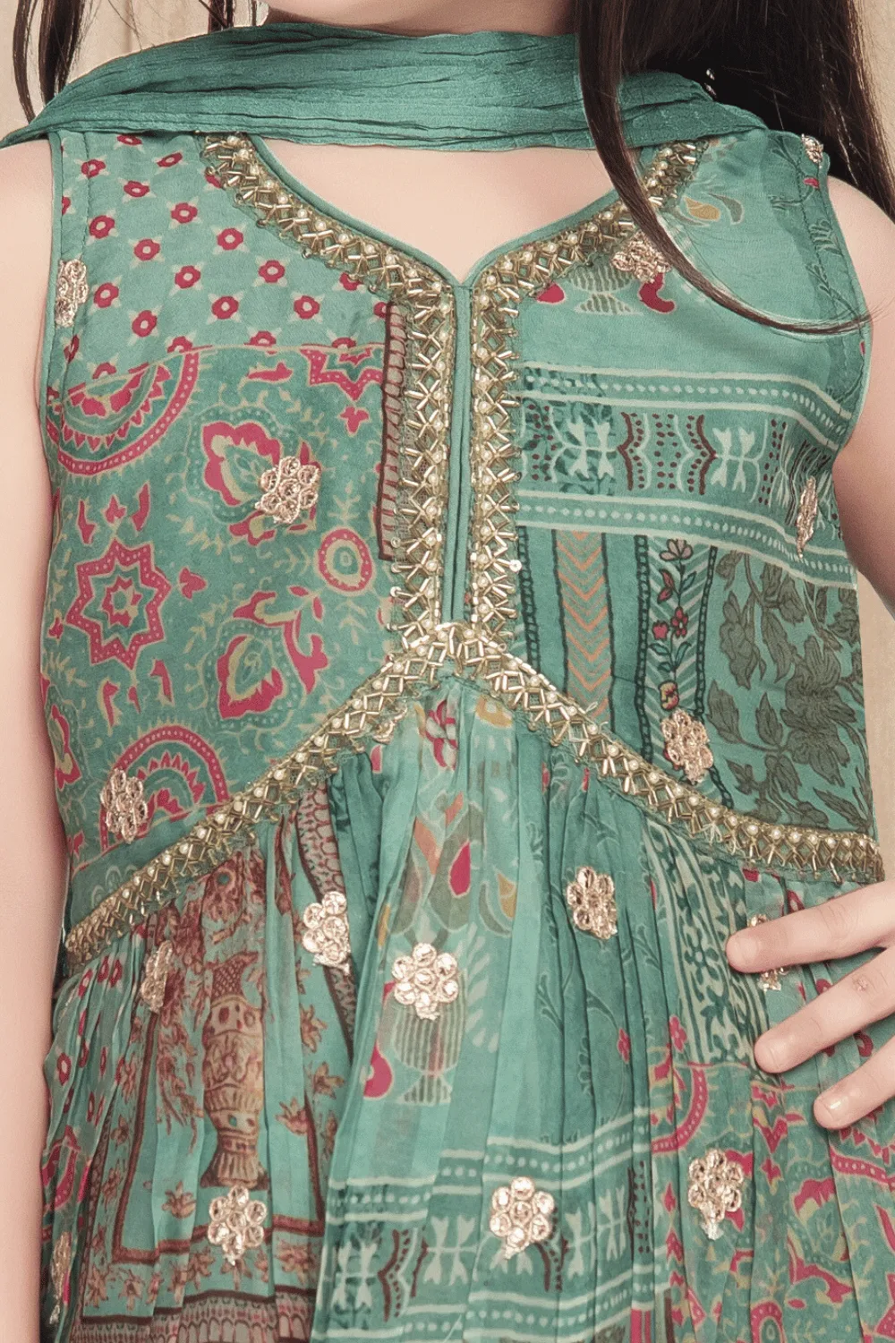 Green Digital Print, Zardozi and Pearl work Peplum Top and Sharara Set for Girls